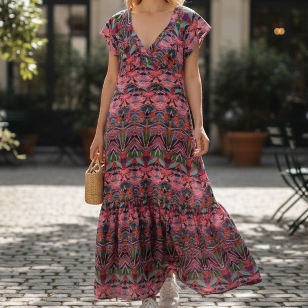 Vanessa‎ Virginia Maxi Dress Womens 0 Pink Geometric Beaded V-Neck Tiered Hem